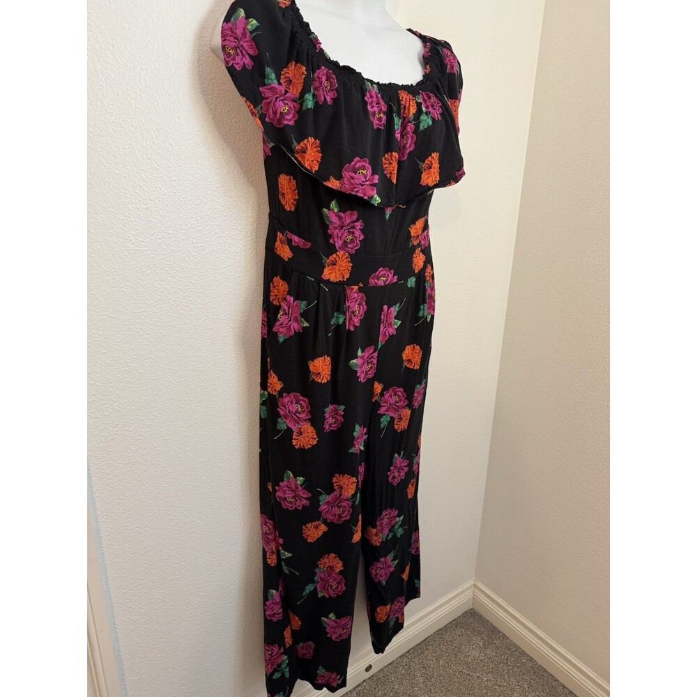 Torrid Jumpsuit Black Floral Wide Leg  Sleeveless Rayon Ruffle Size L Day Dead - Picture 4 of 7